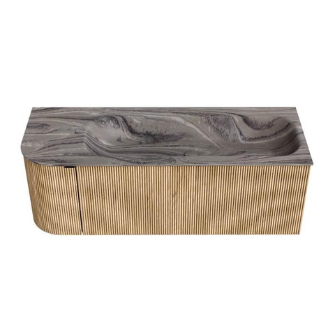 MONDIAZ KURVE-DLUX Meuble de salle de bains 125cm arrondi à gauche couleur Oak avec 1 tiroir et 1 porte. Lavabo BIG MEDIUM à droite 1 trou de robinet Sombra. SW1433576