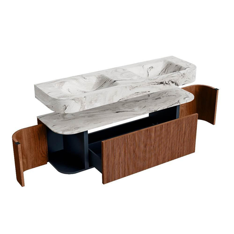 MONDIAZ THOR-DLUX 150cm badmeubel ronding links + rechts kleur Ruby met 1 lade en 2 deuren. Vrijhangende wastafel CLOUD Dubbel 2 kraangaten kleur Glace. SW1464558