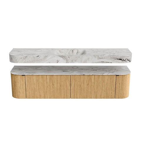MONDIAZ THOR-DLUX Meuble de salle de bains - 190cm - arrondi gauche + droite - couleur Oak - 2 tiroirs et 2 portes - Vasque suspendue CLOUD Milieu sans trou de robinet - couleur Glace SW1466353