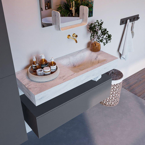 Mondiaz ALAN-DLUX Ensemble de meuble - 110cm - meuble Plata mat - 1 tiroir - Lavabo Cloud Opalo suspendu - vasque Droite - 0 trous de robinet SW807090