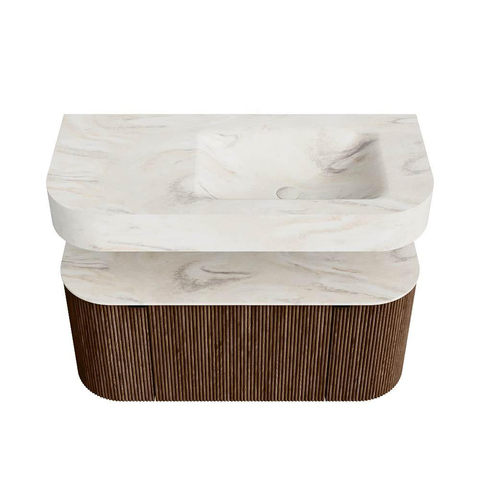 MONDIAZ THOR-DLUX 100cm meuble de salle de bains arrondi gauche + droite couleur Walnut avec 1 tiroir et 2 portes. Vasque suspendue CLOUD Droite 1 trou de robinet couleur Ostra. SW1467379