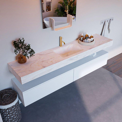 Mondiaz ALAN-DLUX Ensemble de meuble - 200cm - meuble Talc mat - 2 tiroirs - Lavabo Cloud Ostra suspendu - vasque Centre - 1 trou de robinet SW806778