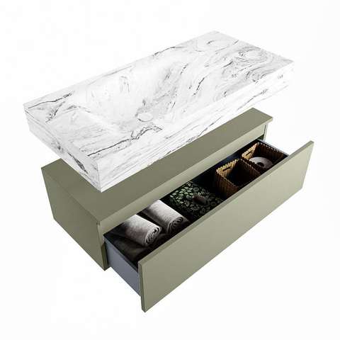 Mondiaz ALAN-DLUX Ensemble de meuble - 100cm - meuble Army mat - 1 tiroir - Lavabo Cloud Glace suspendu - vasque Gauche - 0 trous de robinet SW805879