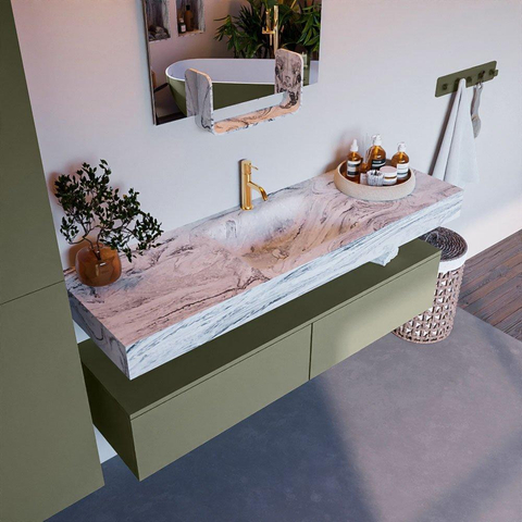 Mondiaz ALAN-DLUX Ensemble de meuble - 150cm - meuble Army mat - 2 tiroirs - Lavabo Cloud Glace suspendu - vasque Centre - 1 trou de robinet SW805895