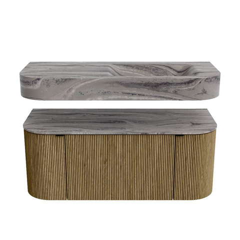 MONDIAZ THOR-DLUX 110cm meuble de salle de bains arrondi gauche + droite couleur Dusk avec 1 tiroir et 2 portes. Vasque suspendue CLOUD Droite 1 trou de robinet couleur Sombra. SW1463033