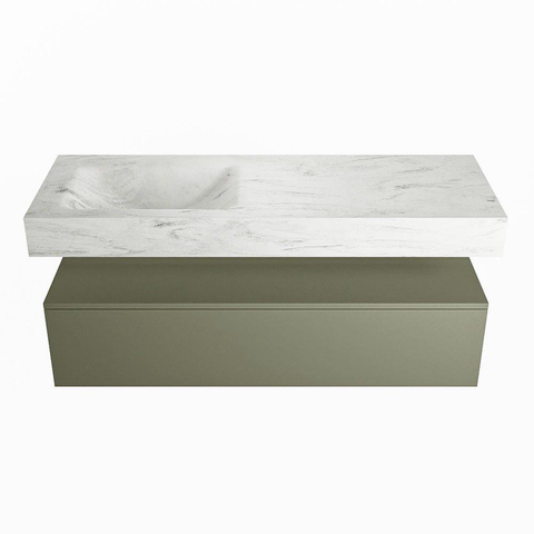 Mondiaz ALAN-DLUX Ensemble de meuble - 130cm - meuble Army mat - 1 tiroir - Lavabo Cloud Opalo suspendu - vasque Gauche - 1 trou de robinet SW806995