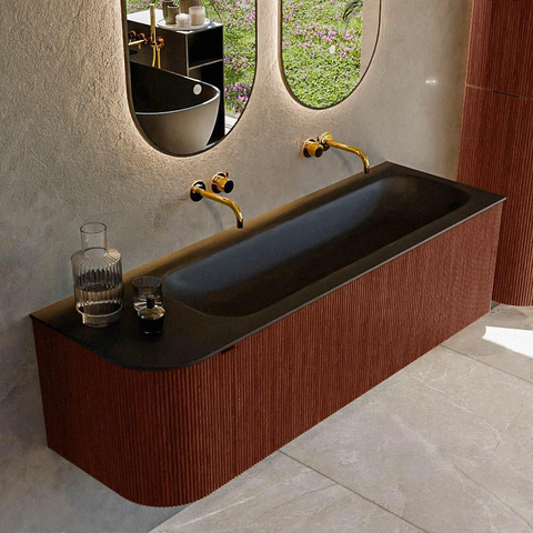 Mondiaz KURVE Ensemble meuble de salle de bains - 145x46x40cm - 1 tiroir - 1 porte - vasque solid surface - droite - sans trou de robinet - Ruby SW1415346