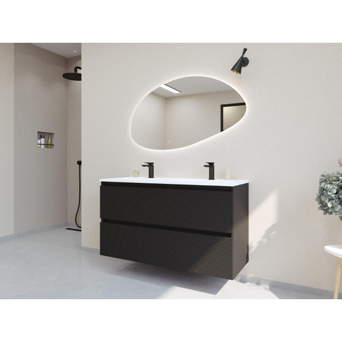 H&R Badmeubelen Infinity XXL 3D Badkamermeubelset - 120 cm - 2 keramische wasbakken thin mat wit - 2 kraangaten - 2 lades - mat zwart SW863503
