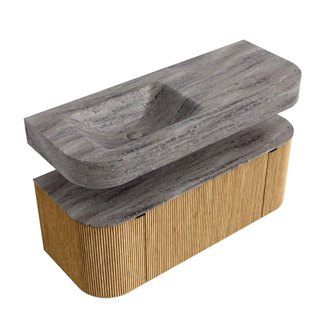 MONDIAZ THOR-DLUX 120cm badmeubel ronding links + rechts kleur Oak met 1 lade en 2 deuren. Vrijhangende wastafel CLOUD Links zonder kraangat kleur Oza. SW1463419