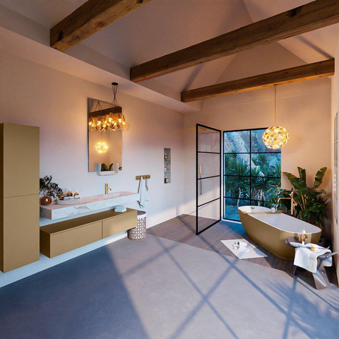 Mondiaz ALAN-DLUX Ensemble de meuble - 150cm - meuble Oro mat - 2 tiroirs - Lavabo Cloud Frappe suspendu - vasque Droite - 1 trou de robinet SW805083