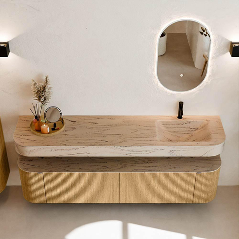 MONDIAZ THOR-DLUX 190cm meuble de salle de bains arrondi gauche + droite couleur Oak avec 2 tiroirs et 2 portes. Vasque suspendue CLOUD droite 1 trou de robinet couleur Arena. SW1466583