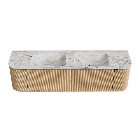 MONDIAZ KURVE-DLUX 170cm badmeubel met module 25 Len R kleur Oak met 1 lade en 2 deuren. Wastafel LEAF dubbel zonder kraangat kleur Glace. SW1137951