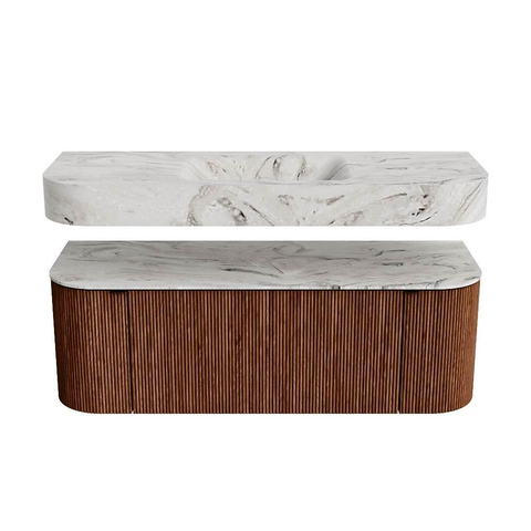 MONDIAZ THOR-DLUX 130cm meuble de salle de bains arrondi gauche + droite couleur Ruby avec 1 tiroir et 2 portes. Vasque suspendue CLOUD Milieu 1 trou de robinet couleur Glace. SW1463699