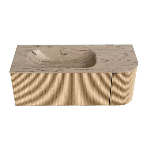 MONDIAZ KURVE-DLUX Meuble de salle de bains 115cm arrondi à droite couleur chêne avec 1 tiroir et 1 porte. Lavabo BIG SMALL gauche sans trou de robinet Arena. SW1431105
