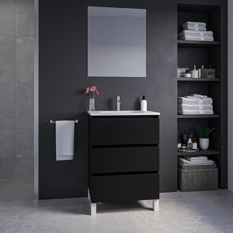 Saniclass Chaci PLUS Meuble de salle de bain - 60x86x46cm - lavabo en céramique blanc - 1 vasque ovale - 1 trou de robinet - 3 tiroirs - miroir rectangulaire - noir mat SW926032