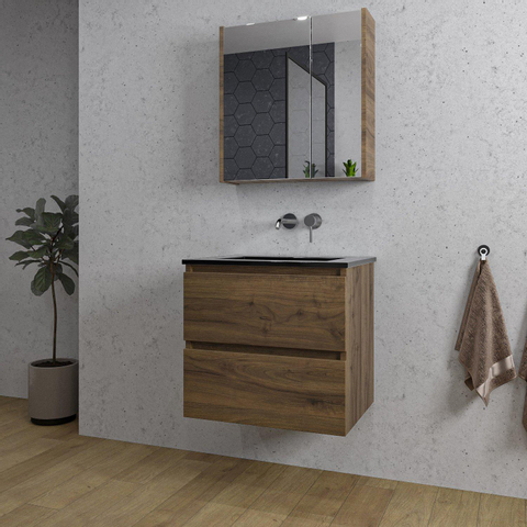 Saniclass Chaci Meuble de salle de bain - 60x46x55cm - lavabo en céramique noir - 1 vasque - sans trou de robinet - 2 tiroirs - armoire miroir - noyer (hout) SW856574