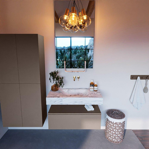 Mondiaz ALAN-DLUX Ensemble de meuble - 90cm - meuble Smoke mat - 1 tiroir - Lavabo Cloud Glace suspendu - vasque Centre - 0 trous de robinet SW805631