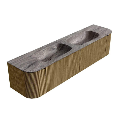 MONDIAZ KURVE-DLUX Meuble de salle de bains 190cm arrondi Gauche + Droite couleur Dusk avec 2 tiroirs et 2 portes. Plan-vasque STOR SMALL Double 2 trous de robinet Oza. SW1432749
