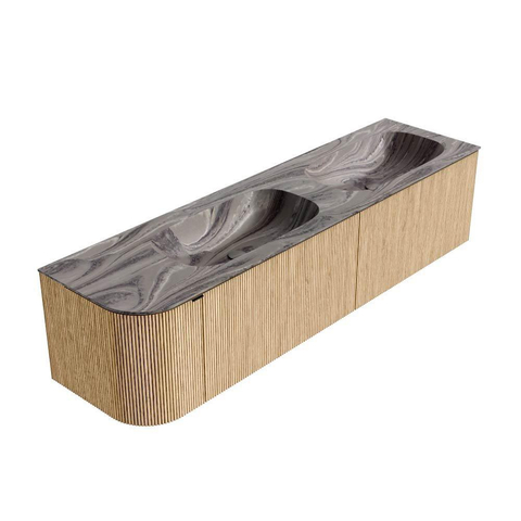 MONDIAZ KURVE-DLUX 175cm meuble de salle de bains courbe gauche couleur Oak avec 2 tiroirs et 1 porte. Lavabo STOR SMALL Double / Droite 2 trous de robinet Sombra. SW1433619