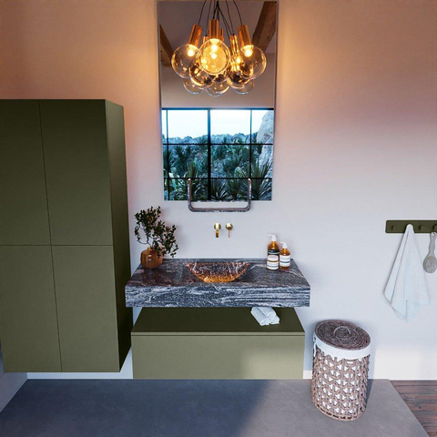 Mondiaz ALAN-DLUX Ensemble de meuble - 100cm - meuble Army mat - 1 tiroir - Lavabo Cloud Lava suspendu - vasque Centre - 0 trous de robinet SW808291