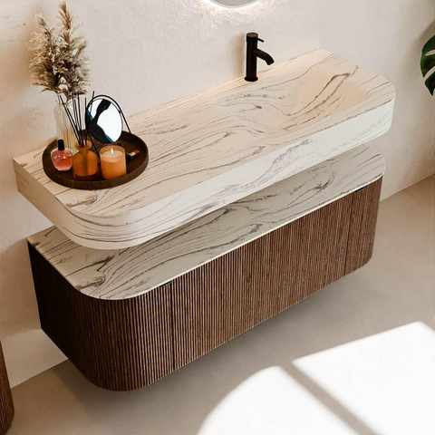 MONDIAZ THOR-DLUX 130cm meuble de salle de bains arrondi gauche + droite couleur Walnut avec 1 tiroir et 2 portes. Vasque suspendue CLOUD Droite 1 trou de robinet couleur Nata. SW1463864