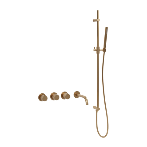Fortifura Nebbio Badcombinatie-set - thermostaatkraan - glijstang geïntegreerde - wandaansluitbocht - gladde doucheslang - staaf handdouche - uitloop - geborsteld messing (goud) SW1238026