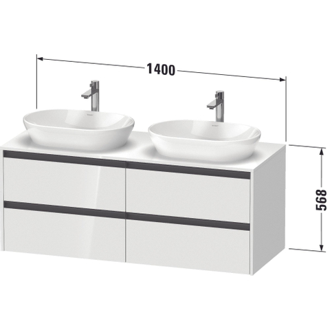 Duravit Ketho.2 Wastafelonderbouwkast - inclusief consoleplaat - met 4 laden - voor waskom rechts - 140x55x56.8cm - met handgrepen antraciet - hoogglans wit SW772921