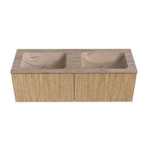 MONDIAZ KURVE-DLUX Meuble de salle de bains 130 cm couleur Oak avec 2 tiroirs et 0 portes. Vasque LEAF double 2 trous de robinet Saba. SW1433117
