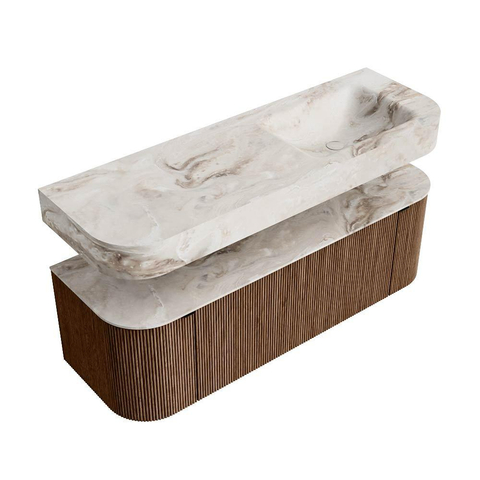 MONDIAZ THOR-DLUX 140cm meuble de salle de bains arrondi gauche + droite couleur Walnut avec 1 tiroir et 2 portes. Vasque suspendue CLOUD Droite 1 trou de robinet couleur Frappe. SW1463953