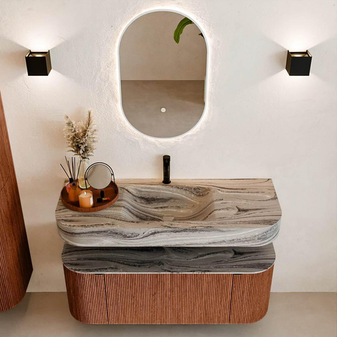MONDIAZ THOR-DLUX 120cm meuble de salle de bains arrondi gauche + droite couleur Ruby avec 1 tiroir et 2 portes. Vasque suspendue CLOUD Milieu 1 trou de robinet couleur Sombra. SW1463676