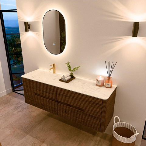 Mondiaz CIRO-DLUX Badkamermeubelset - 150x45x50cm - Solid surface wastafel Opalo - 1 wasbak Links - 1 kraangat - 4 lades - Dusk SW1532965