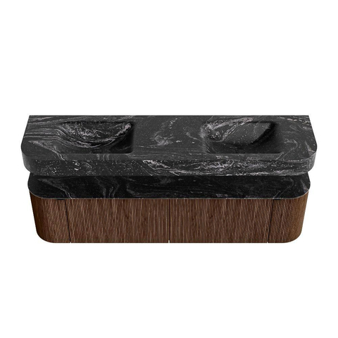 MONDIAZ THOR-DLUX 180cm badmeubel ronding links + rechts kleur Walnut met 2 lades en 2 deuren. Vrijhangende wastafel CLOUD Dubbel zonder kraangat kleur Lava. SW1465944