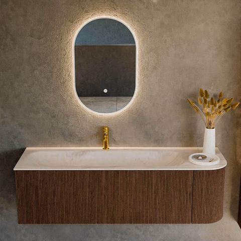 MONDIAZ KURVE-DLUX meuble de salle de bains 145cm arrondi à droite couleur Walnut avec 1 tiroir et 1 porte. Lavabo BIG LARGE à gauche 1 trou de robinet Meli. SW1431707