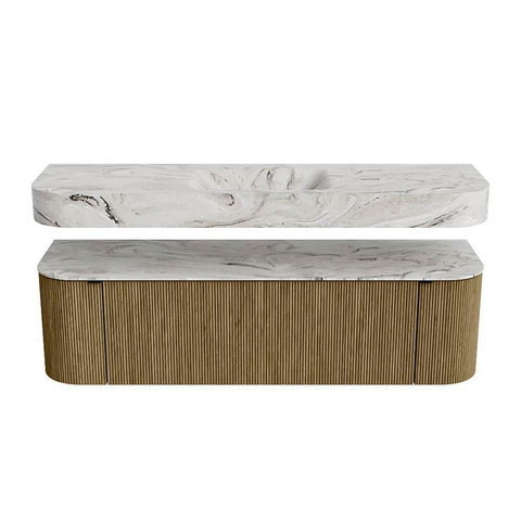 MONDIAZ THOR-DLUX 160cm meuble de salle de bains arrondi gauche + droite couleur Dusk avec 1 tiroir et 2 portes. Vasque suspendue CLOUD Milieu 1 trou de robinet couleur Glace. SW1465038