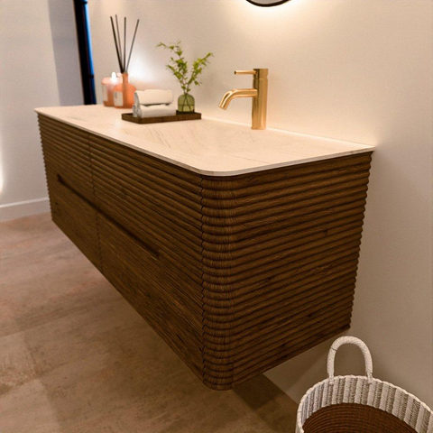 Mondiaz CIRO-DLUX Badkamermeubelset - 140x45x50cm - Solid surface wastafel Meli - 1 wasbak Rechts - 1 kraangat - 4 lades - Dusk SW1533192