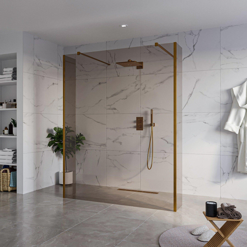 Fortifura Galeria Douche à l'italienne - 160x200cm - verre fumé - anticalcaire - verre de sécurité 8mm - 2 parois latérales 40cm - avec bras muraux et profilés d'angle - Cuivre brossé SW976688