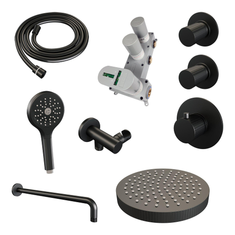 BRAUER Stripe Douche de tête thermostatique encastrée - SET 05 - pomme de douche 25cm - bras mural courbé - douchette 3 positions - flexible de douche - coude mural - noir mat SW1435137
