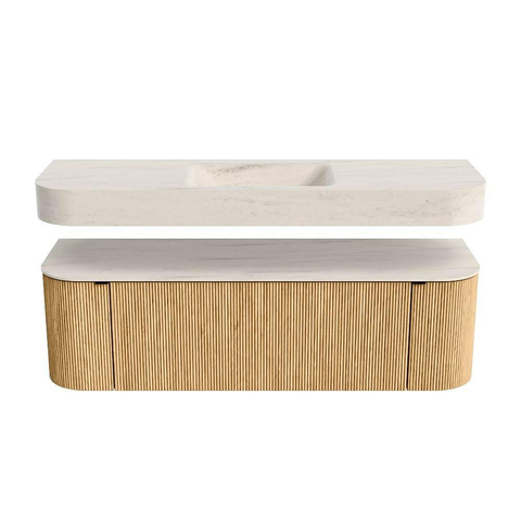 MONDIAZ THOR-DLUX 150cm meuble de salle de bains arrondi gauche + droite couleur Oak avec 1 tiroir et 2 portes. Vasque suspendue CLOUD Milieu sans trou de robinet couleur Meli. SW1464771