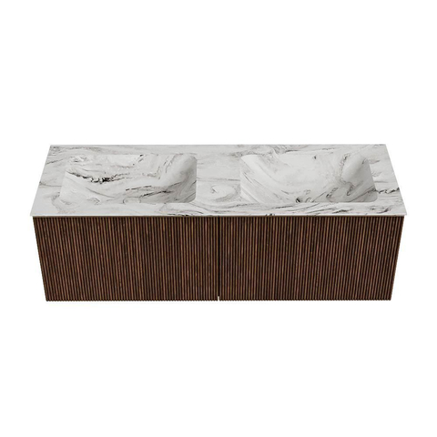 MONDIAZ KURVE-DLUX Meuble de salle de bains 130 cm couleur Walnut avec 2 tiroirs. Lavabo LEAF double sans trou de robinet couleur Glace. SW1138067