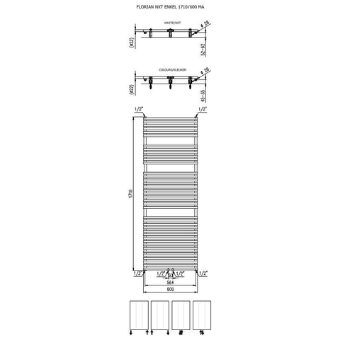 Plieger Florian Nxt M radiateur design simple horizontal avec raccordement central 1710x600mm 1046W blanc 7255200