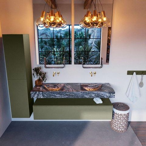 Mondiaz ALAN-DLUX Ensemble de meuble - 150cm - meuble Army mat - 1 tiroir - Lavabo Cloud Lava suspendu - vasque Gauche et droite - 0 trous de robinet SW808532