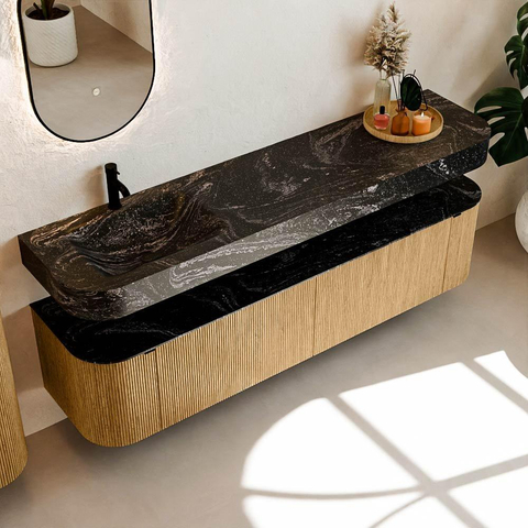 MONDIAZ THOR-DLUX Meuble de salle de bains 190cm arrondi gauche + droite couleur Oak avec 2 tiroirs et 2 portes. Vasque suspendue CLOUD Gauche 1 trou de robinet couleur Lava. SW1466369