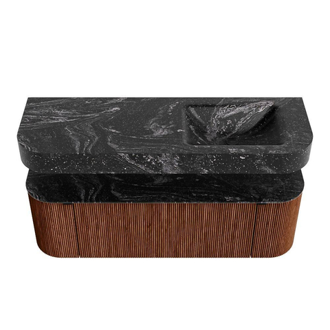 MONDIAZ THOR-DLUX 140cm meuble de salle de bains arrondi gauche + droite couleur Ruby avec 1 tiroir et 2 portes. Vasque suspendue CLOUD Droite sans trou de robinet couleur Lava. SW1464139