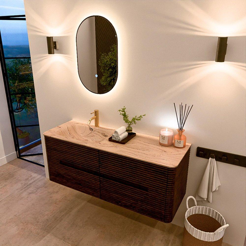 Mondiaz CIRO-DLUX Meuble de salle de bains - 130x45x50cm - Plan-vasque en solid surface Arena - 1 vasque à gauche - 1 trou de robinetterie - 4 tiroirs - Noyer SW1530436