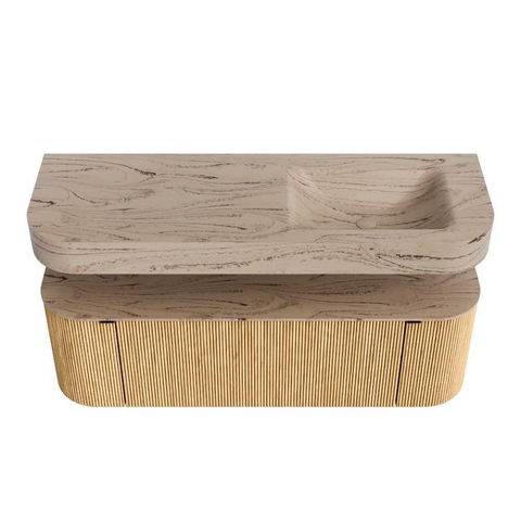 MONDIAZ THOR-DLUX 140cm badmeubel ronding links + rechts kleur Oak met 1 lade en 2 deuren. Vrijhangende wastafel CLOUD Rechts zonder kraangat kleur Arena. SW1464455