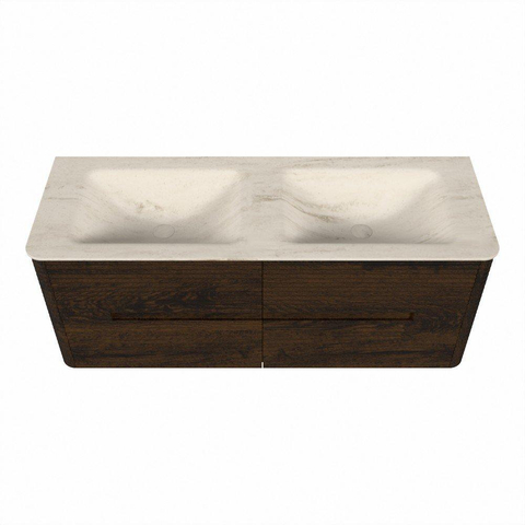 Mondiaz CIRO-DLUX Badkamermeubelset - 130x45x50cm - Solid surface wastafel Meli - 2 wasbak Dubbel - zonder kraangaten - 4 lades - Walnut SW1530487