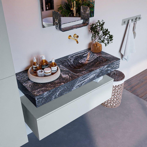 Mondiaz ALAN-DLUX Ensemble de meuble - 110cm - meuble Clay mat - 1 tiroir - Lavabo Cloud Lava suspendu - vasque Droite - 0 trous de robinet SW808545