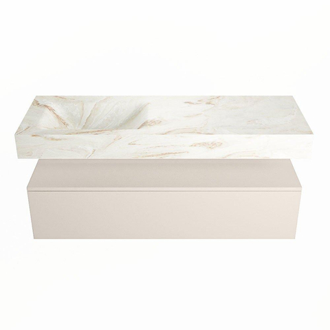 Mondiaz ALAN-DLUX Ensemble de meuble - 130cm - meuble Linen mat - 1 tiroir - Lavabo Cloud Frappe suspendu - vasque Gauche - 1 trou de robinet SW805537