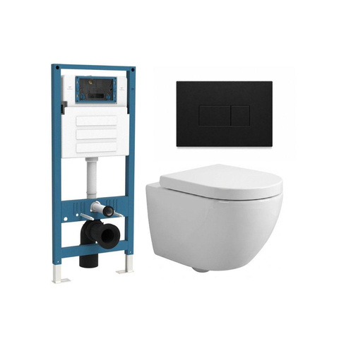 QeramiQ Dely Swirl Ensemble WC Compact - réservoir encastré QeramiQ flush - abattant 25 mm - plaque de commande en plastique noir mat - boutons rectangulaires - blanc brillant SW1590540