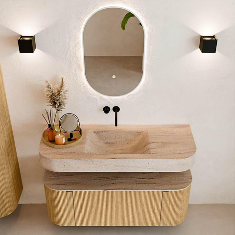 MONDIAZ THOR-DLUX 120cm badmeubel ronding links + rechts kleur Oak met 1 lade en 2 deuren. Vrijhangende wastafel CLOUD Midden zonder kraangat kleur Saba. SW1463439